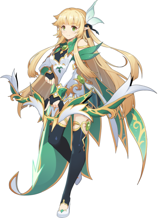 an anime character with long blonde hair, wearing a green and white outfit