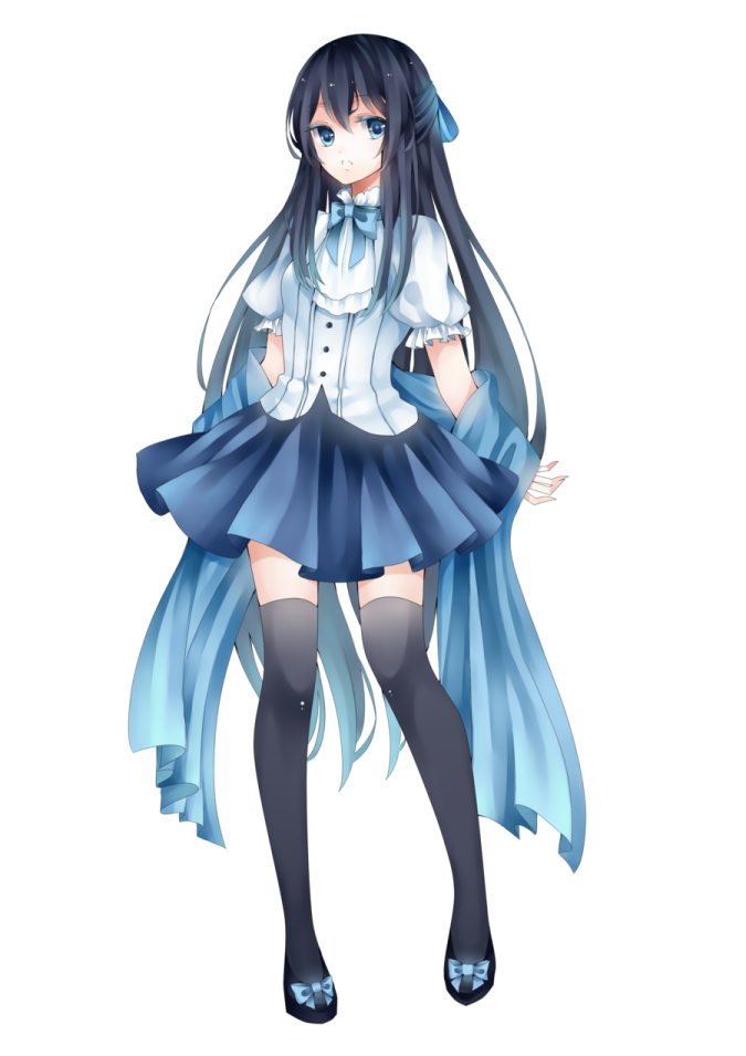 an anime girl with long black hair wearing a white shirt and blue skirt