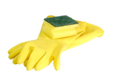 a pair of yellow gloves with a green sponge on top