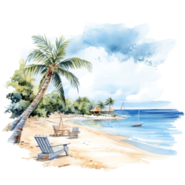 a painting of a beach with chairs and palm trees