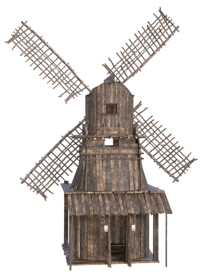 an old wooden windmill on a white background