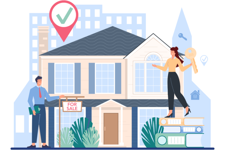 two people standing in front of a house with a for sale sign