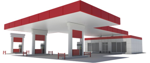 a gas station with red and white paint