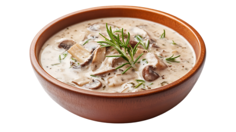 a wooden bowl filled with mushroom soup