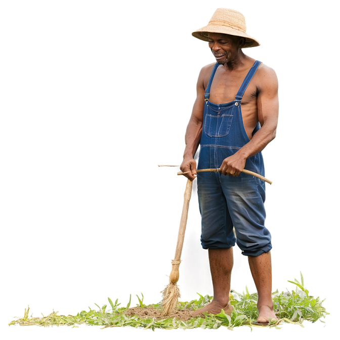 a man in overalls and a straw hat holding a broom