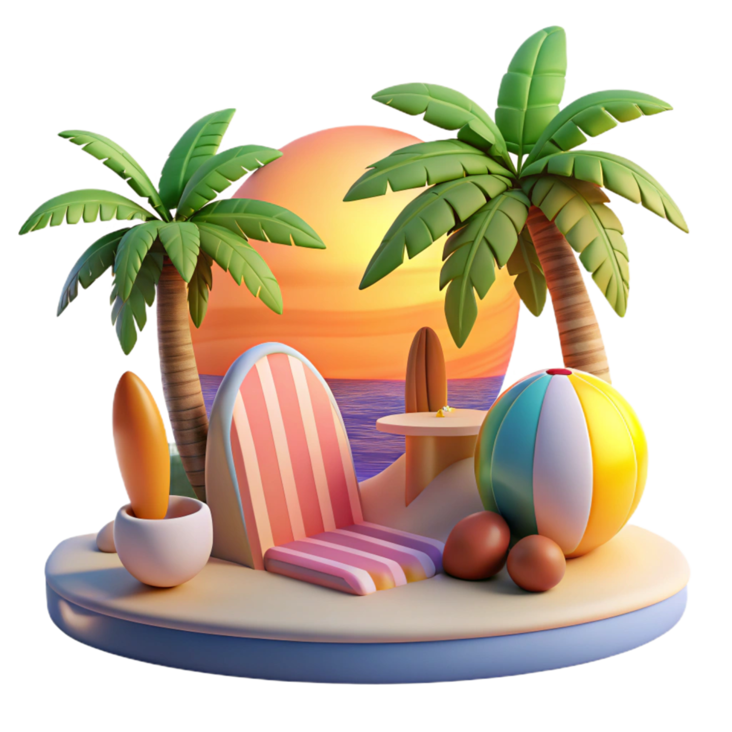 a beach scene with palm trees and chairs