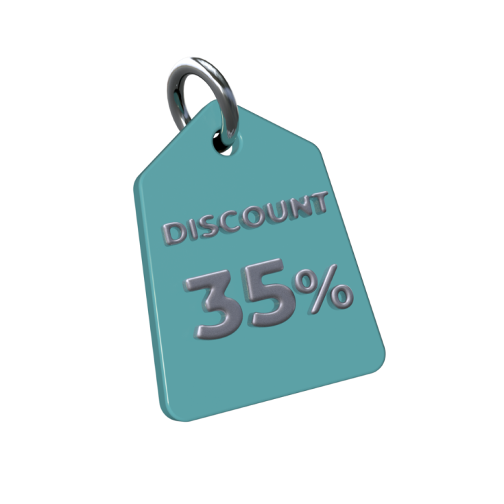 a dog tag that says discount 35 %
