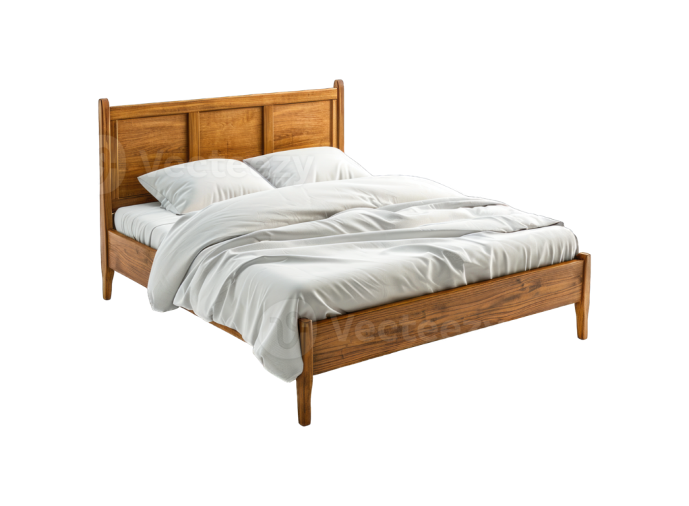 a wooden bed with white sheets and pillows
