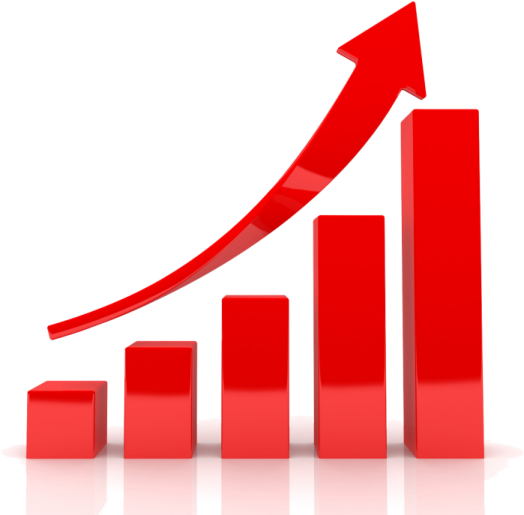 a red bar chart with an arrow pointing upward