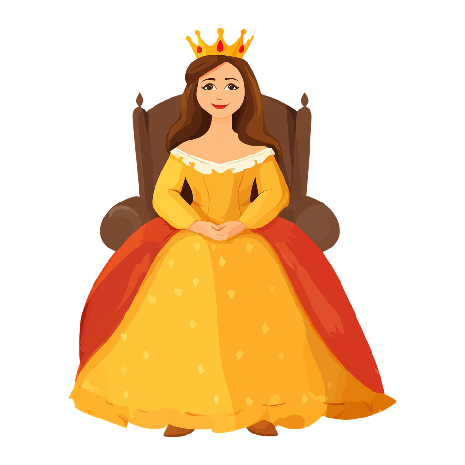 a woman in a yellow dress sitting on a throne with a crown