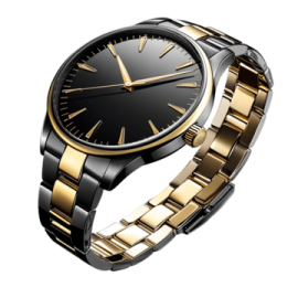 a black and gold watch on a white background