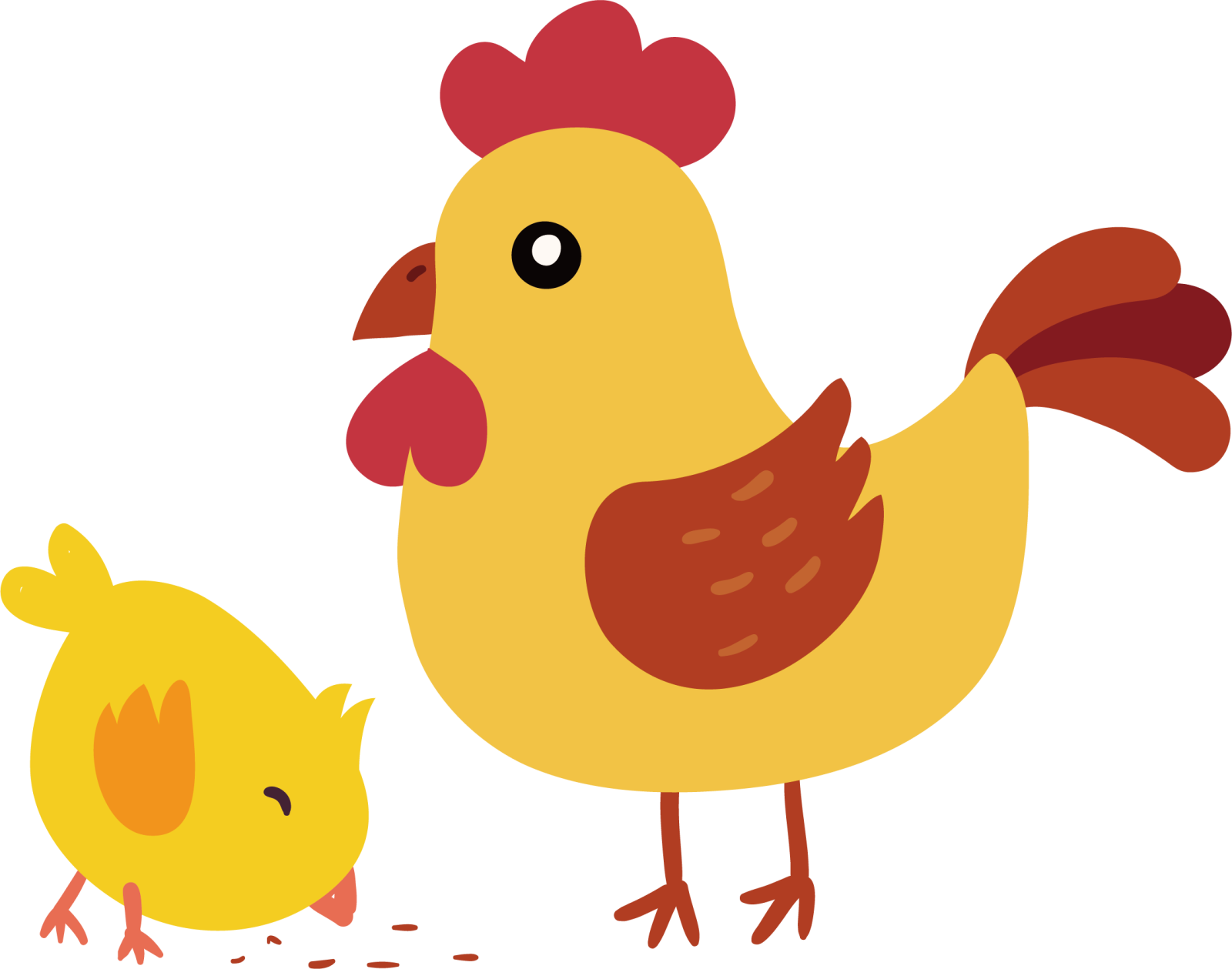 a yellow chicken and a red chick