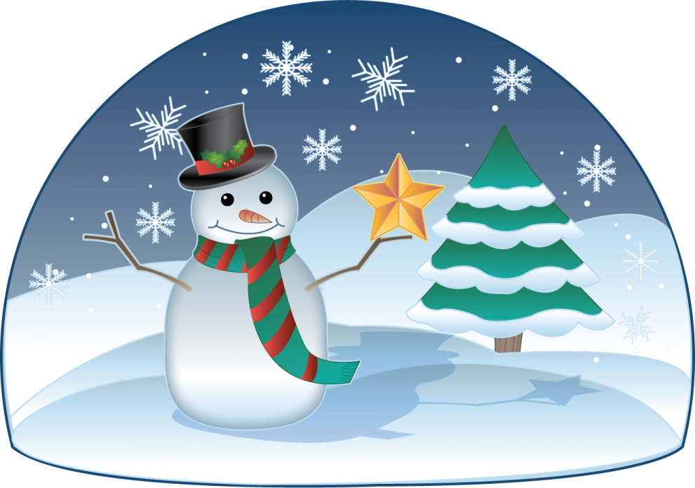 a snowman with a christmas tree in the background