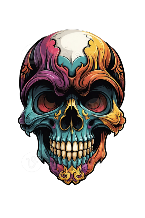 a colorful skull with flames on its head