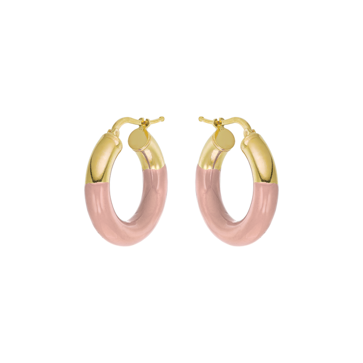 a pair of pink and gold hoop earrings
