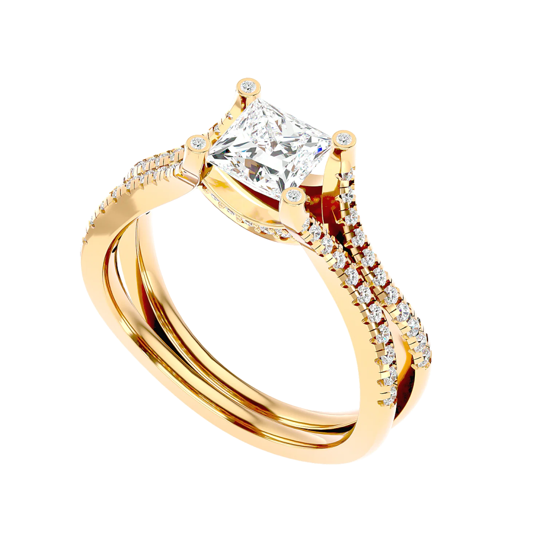a yellow gold engagement ring with a princess cut diamond
