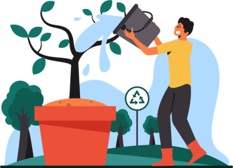 an illustration of a man watering a tree