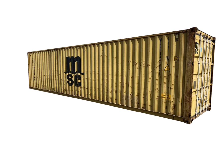 a yellow shipping container on a white background