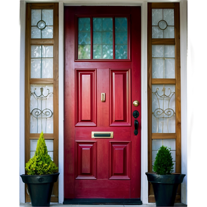 a red front door with two potted plants