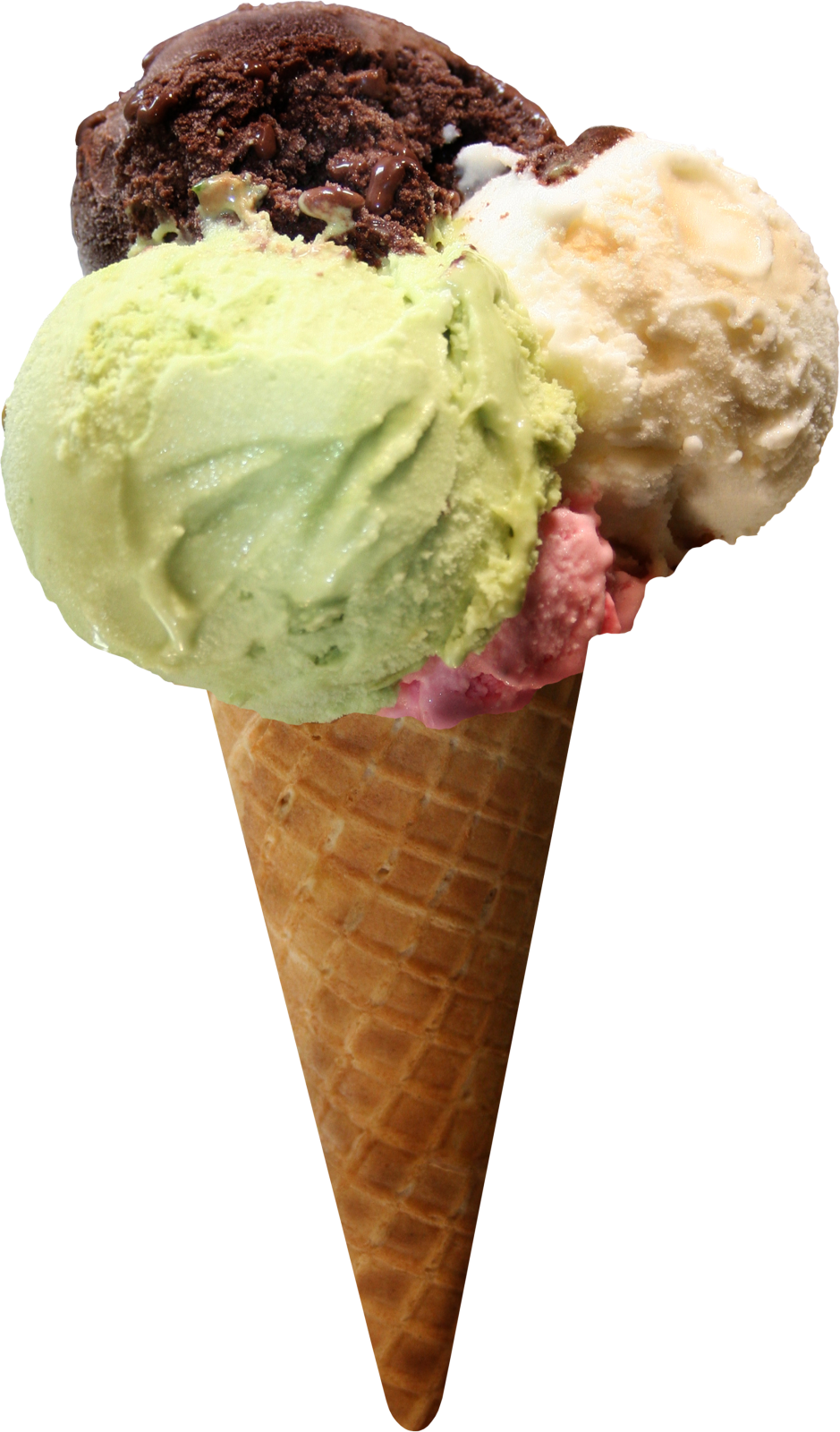 three scoops of ice cream in a cone
