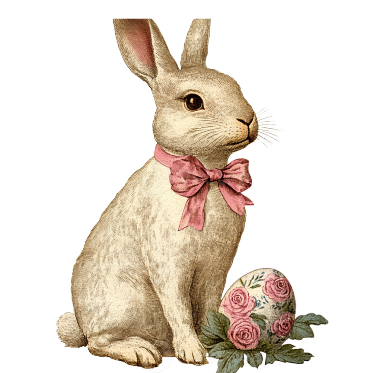 a white rabbit sitting next to a pink rose