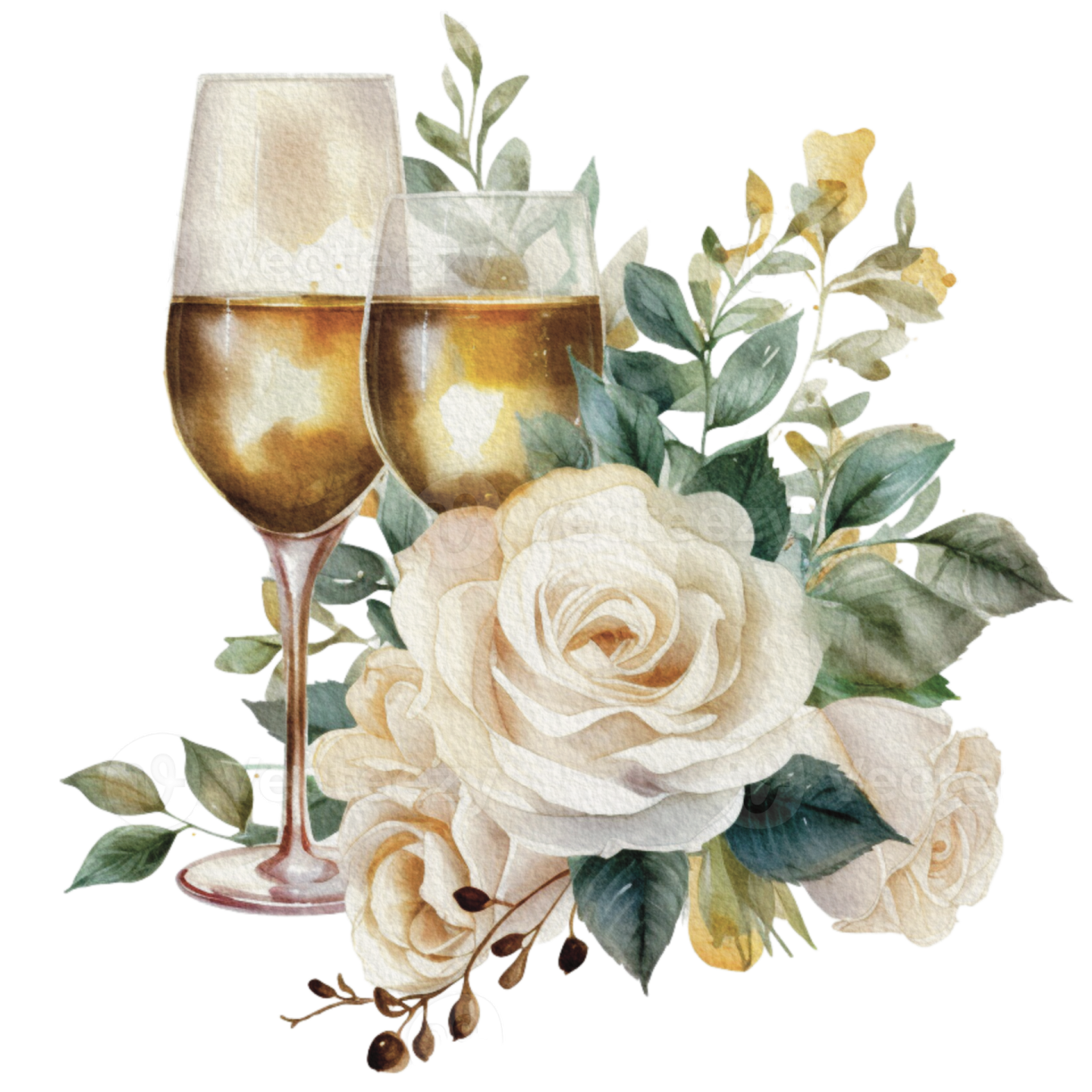 a glass of wine with white roses and leaves