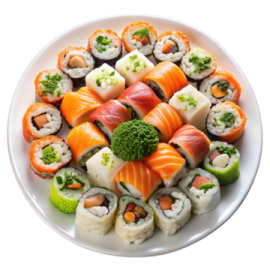a white plate filled with different types of sus