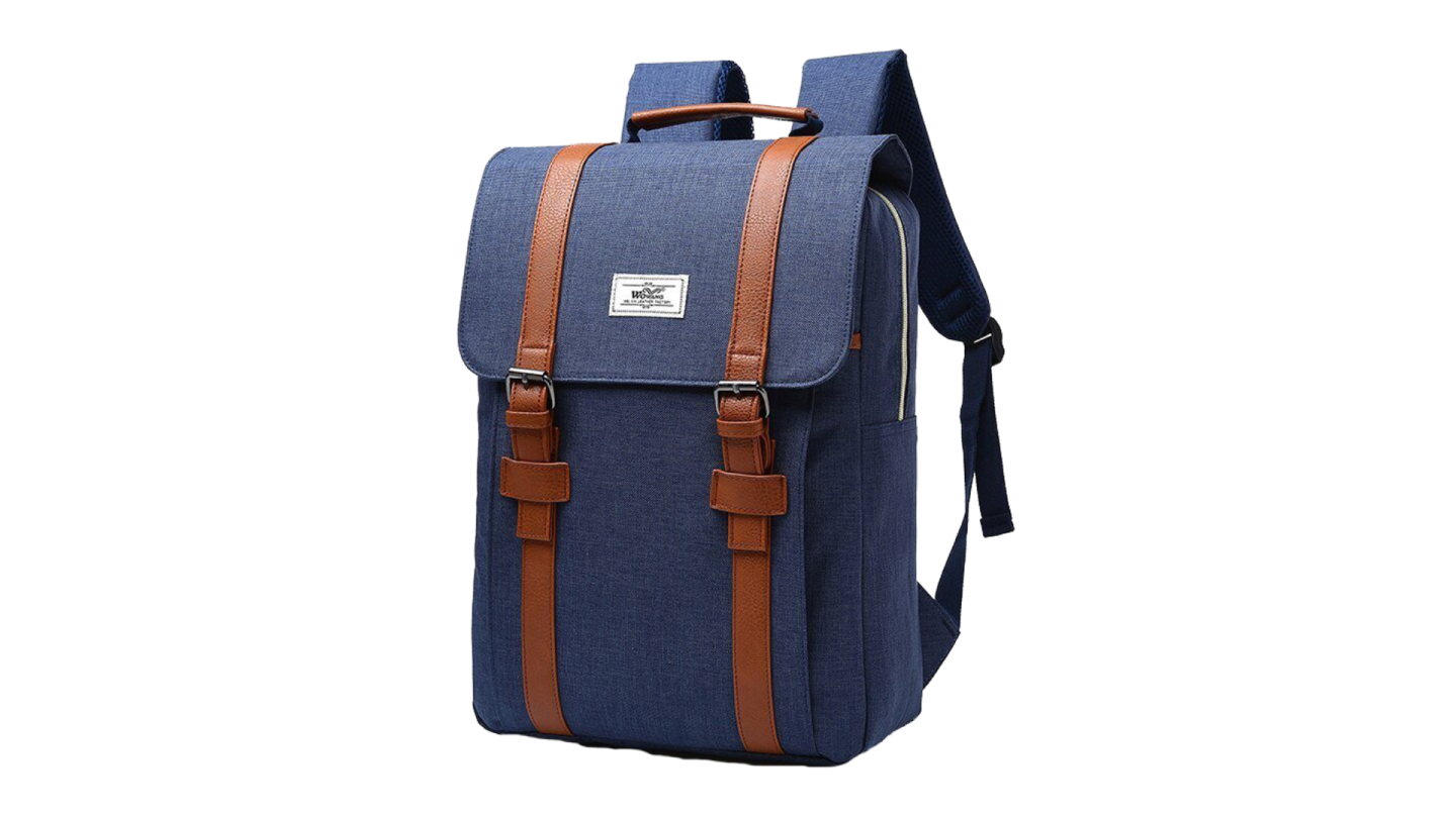 a blue backpack with brown leather straps