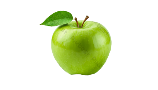 a green apple with a leaf on it
