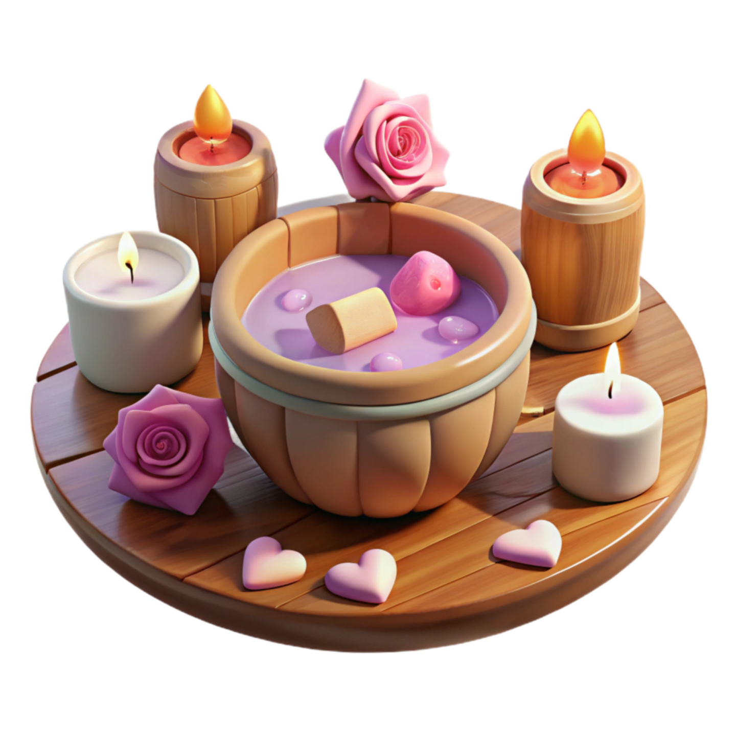 a wooden tray with candles and flowers