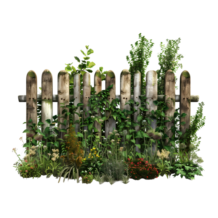 a wooden fence surrounded by plants and flowers