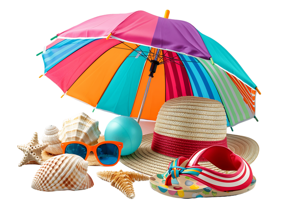 a variety of beach accessories including an umbrella, sun hat, sunglasses and flip flops