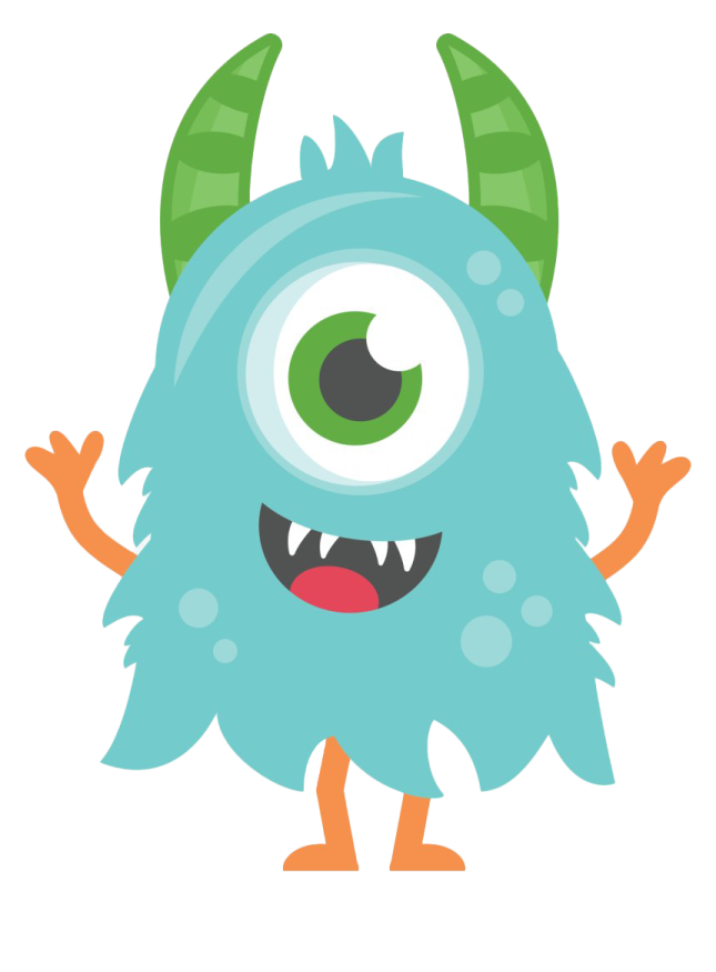 a cartoon blue monster with big eyes and green horns