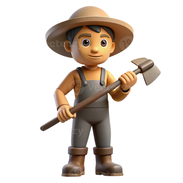 a cartoon character holding a shovel and wearing a hat