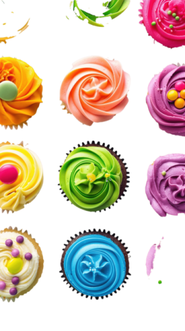 a bunch of colorful cupcakes on a white background