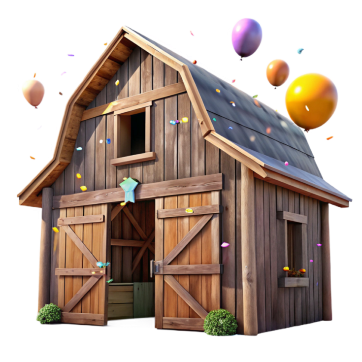 a barn with balloons in the air