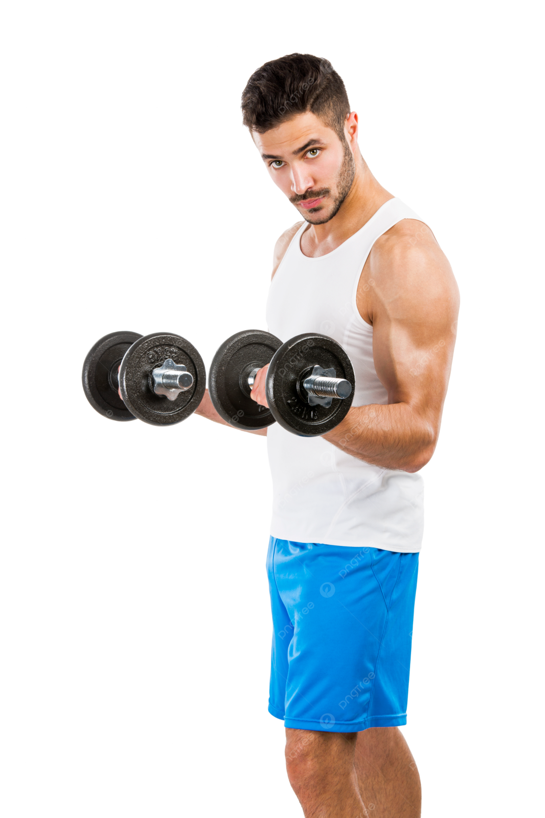 a man is holding two dumbs in his hands