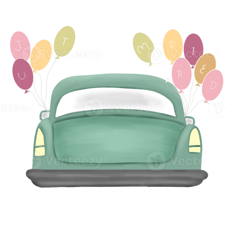 a green car with balloons in the back