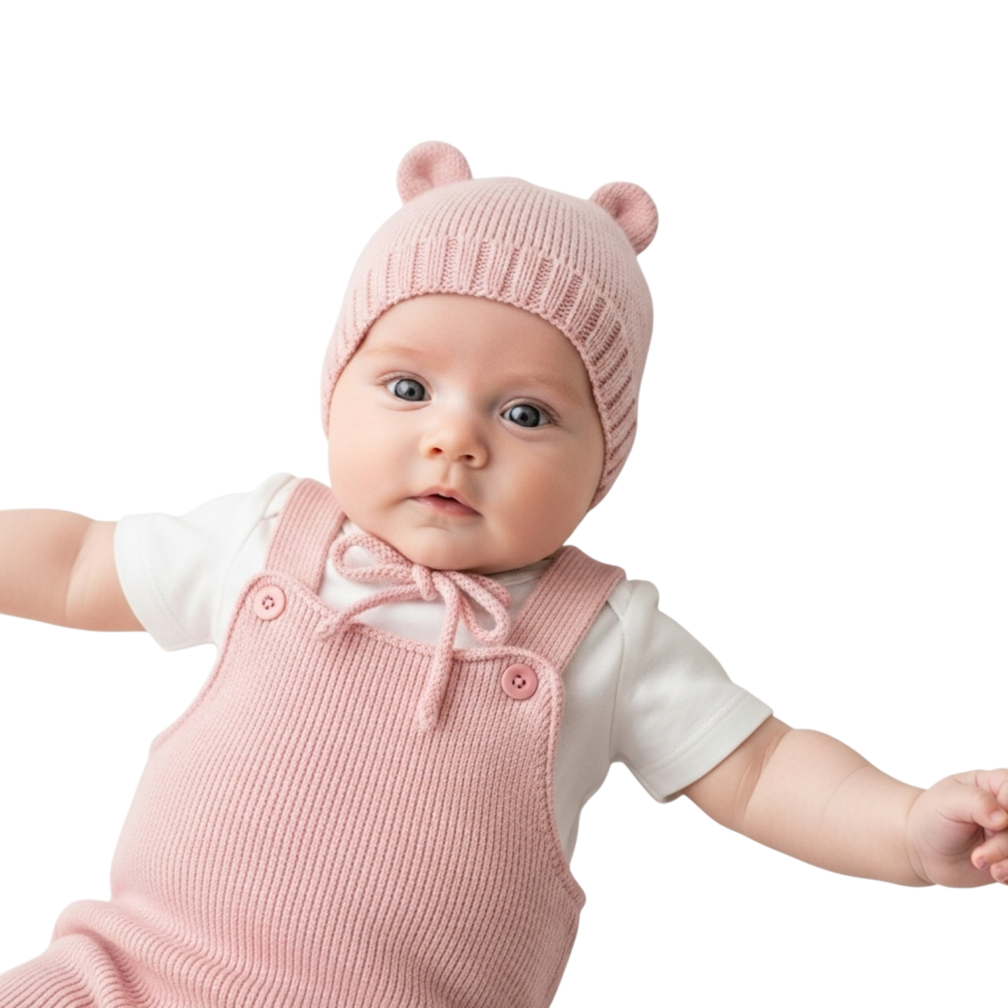 a baby wearing a pink knitted hat and overall