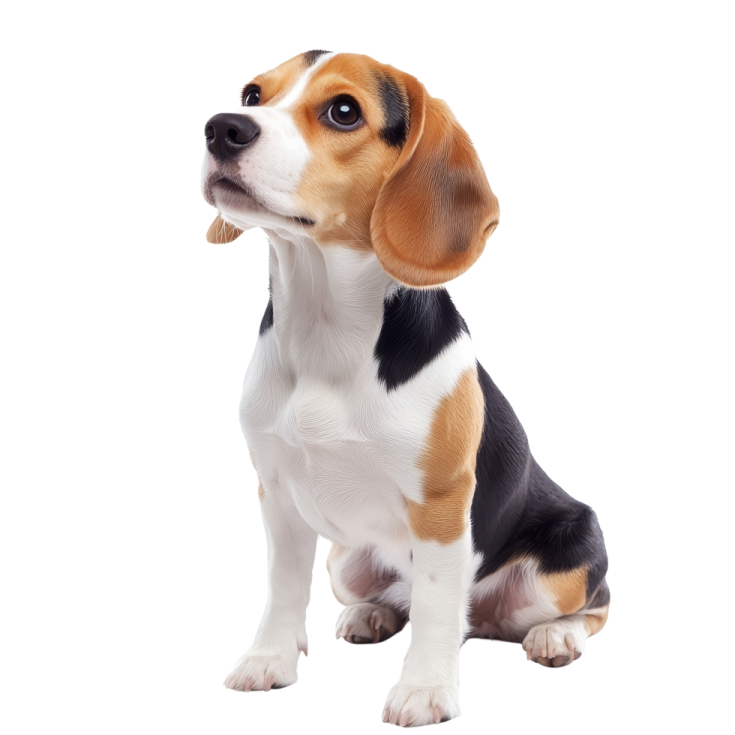 a small dog sitting on the ground looking up