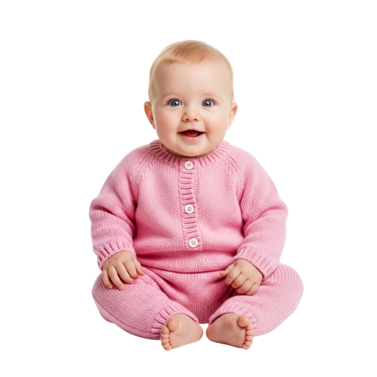 a baby sitting on the floor wearing a pink sweater