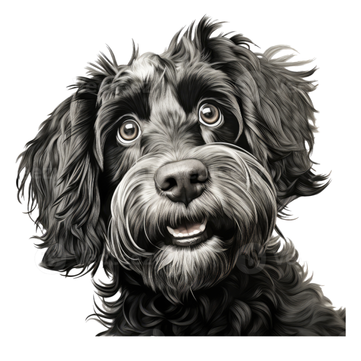 a black and white drawing of a dog's face