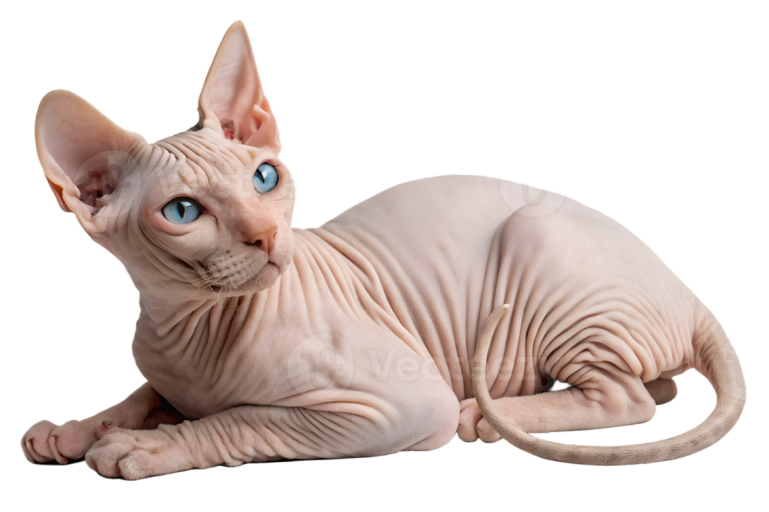a hairless cat with blue eyes laying down