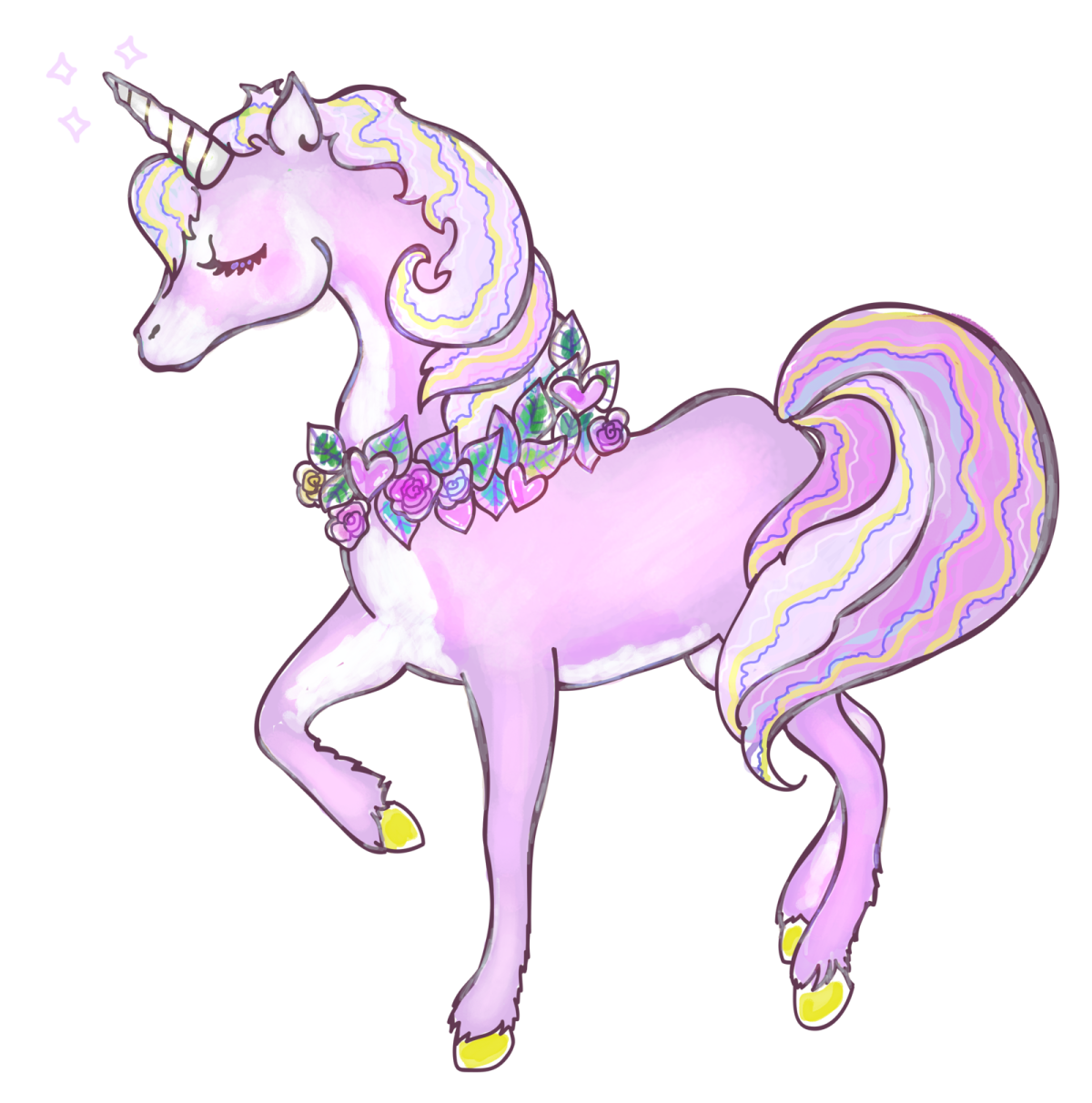 a drawing of a unicorn with flowers on its head