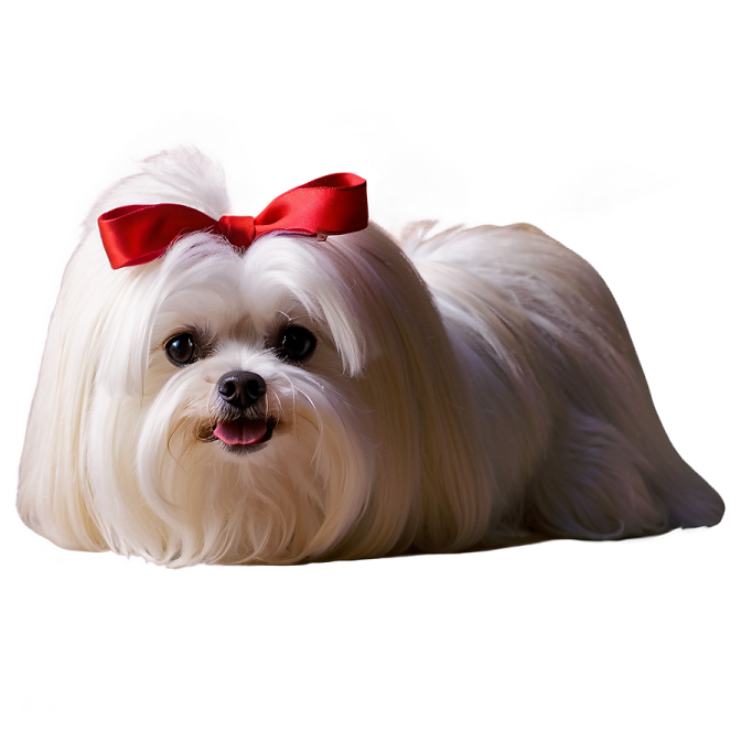 a white dog with a red bow laying down