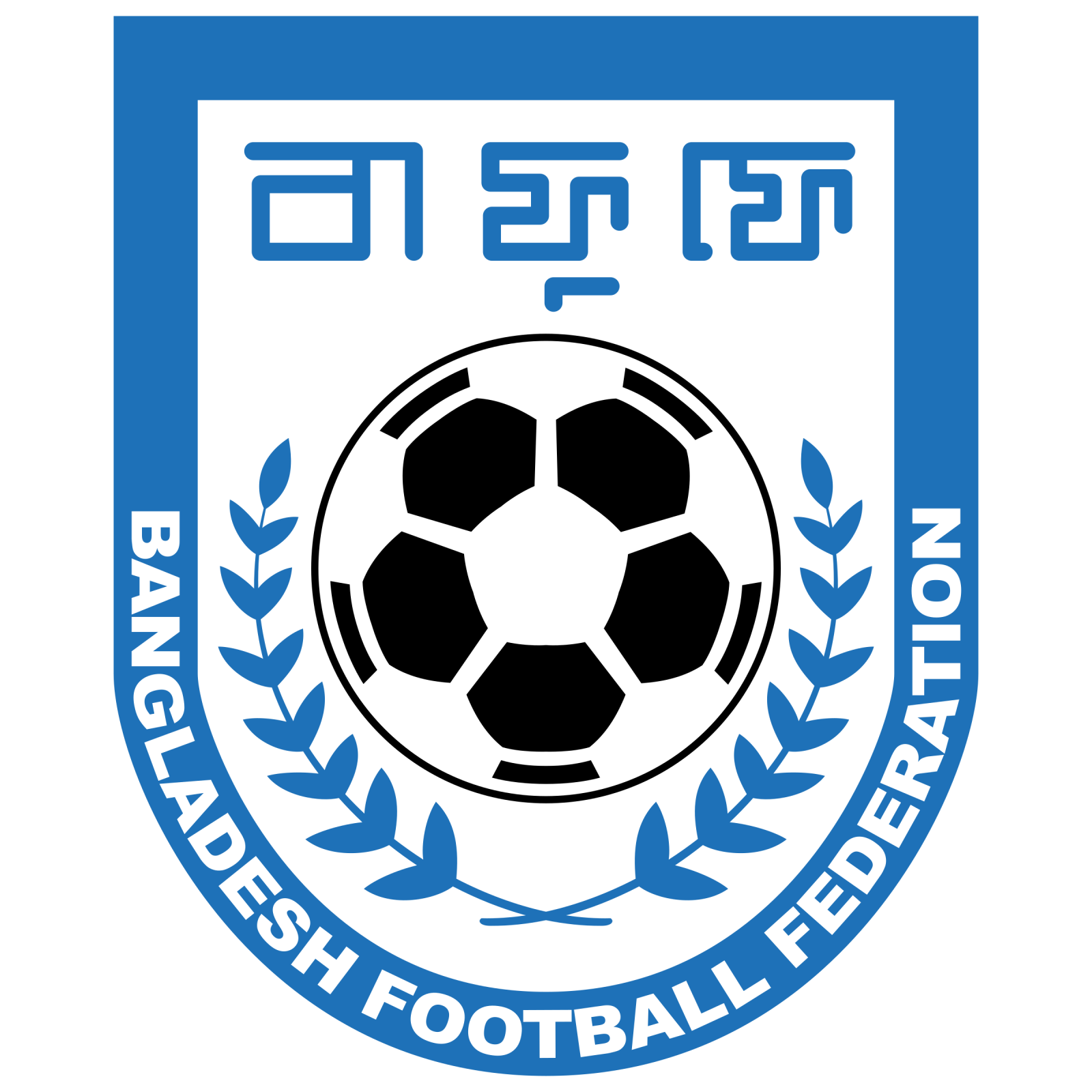 a blue and white logo with a soccer ball in the center
