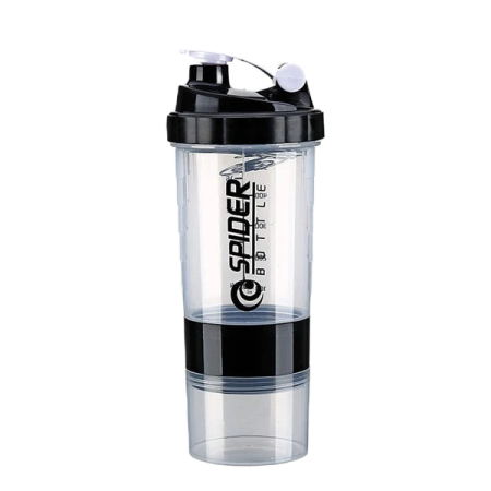 a black and white shaker bottle with a plastic lid
