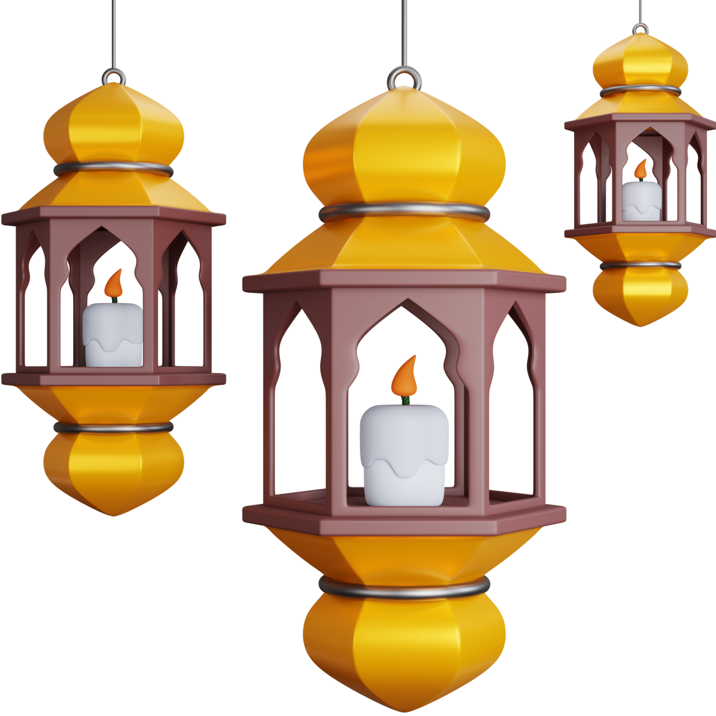 a set of three hanging lanterns with candles