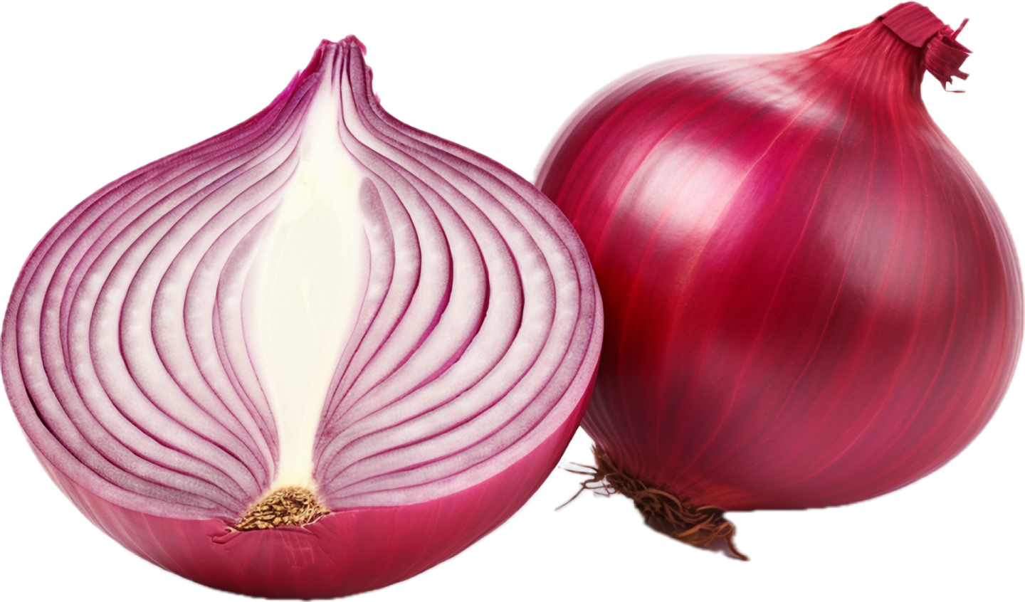 a red onion and an onion cut in half