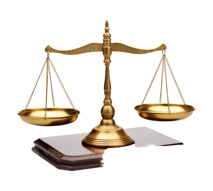 a golden balance scale on a white background